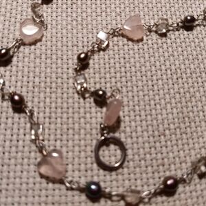 Pink rose quartz hearts -hematite beads silver necklace/bracelet